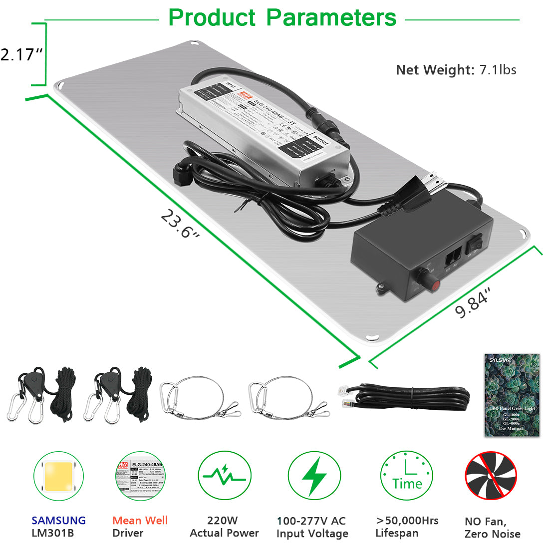 GL2000-220W LED Grow Light with Samsung LM301b& Mean Well Driver, Daisy Chain Dimming, 606pcs Leds