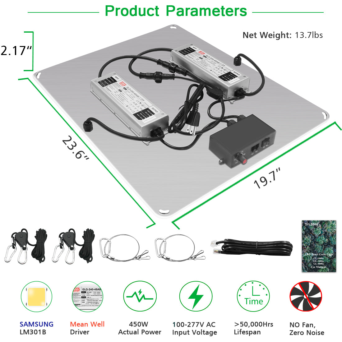 GL4000-450W Led Grow Lights with Samsung LM301 & MeanWell Driver,  Dimming, for 5x5'Bloom